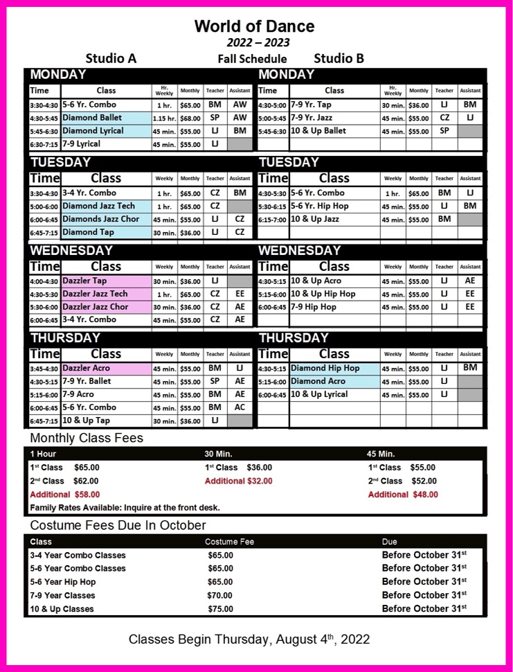 World of Dance class schedule